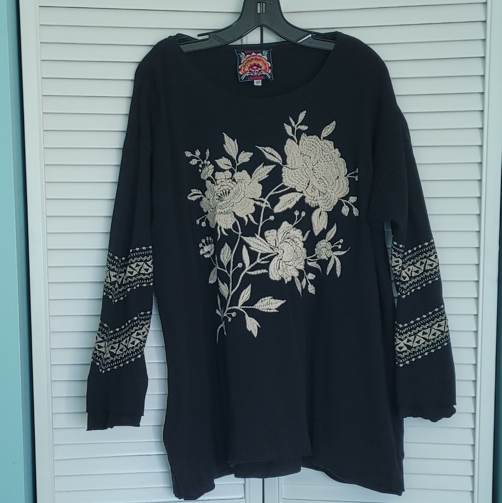 Johnny Was Floral Embroidered Waffle Knit Long Sleeve Shirt Size 1X